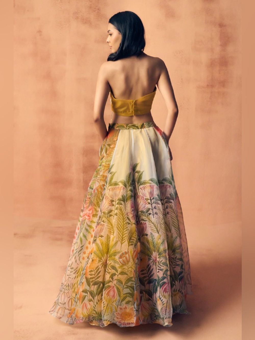 Floral Embroidered Halter Crop Top & Maxi Skirt Set in Mustard & Multicolor - Picture 2 of 6